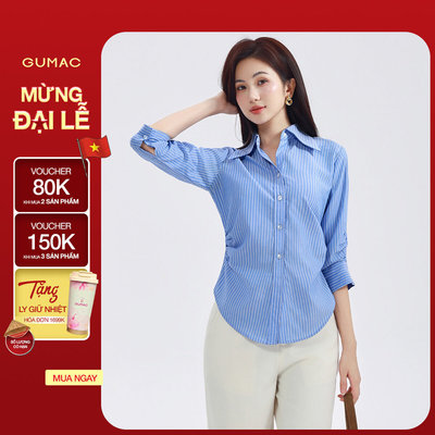 Áo Sơ Mi Nữ GUMAC Áo Kiểu Công Sở Kẻ Sọc Tay Lửng Chiết Ly Eo Tôn Dáng Vải Kate Cao Cấp AF01024