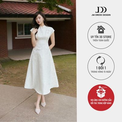 Đầm Cổ Tàu Tay Chờm Chân Đổ 1F38.2510, Váy Dự Tiệc Thanh Lịch Sang Trọng, Dáng A Midi Hơi Hướng Á Đông Thiết Kế Bởi JM
