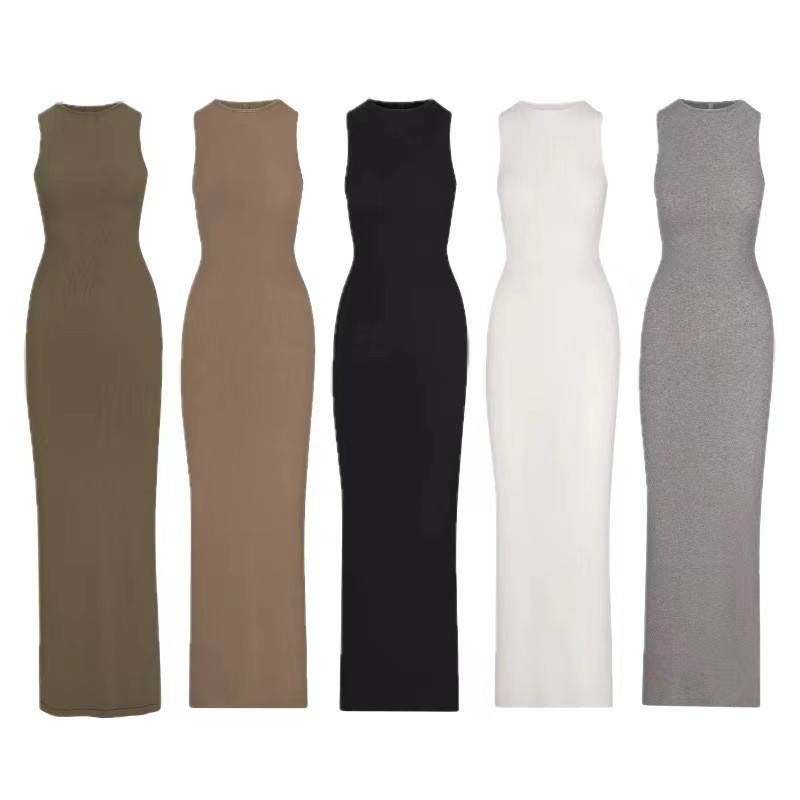 skims Sleeveless vest dress, French style slimming bodycon slip dress, long dress