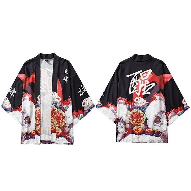 Áo len nam Haori Kimono mở phía trước phong cách Nhật Bản, Áo khoác ngoài thông thường in hình Lion 