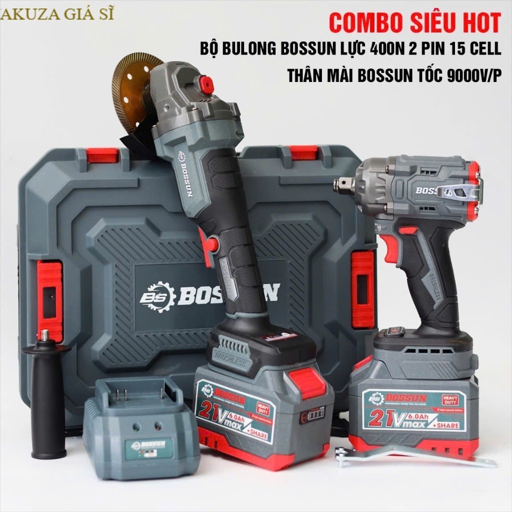 COMBO MÁY BULONG BOSSUN-BL+ M TẶNG KÈM THÂN MÀI LỰC SIẾT 400N.M 2 PIN 15 CELL 1 SẠC AKUZA GIÁ SĨ