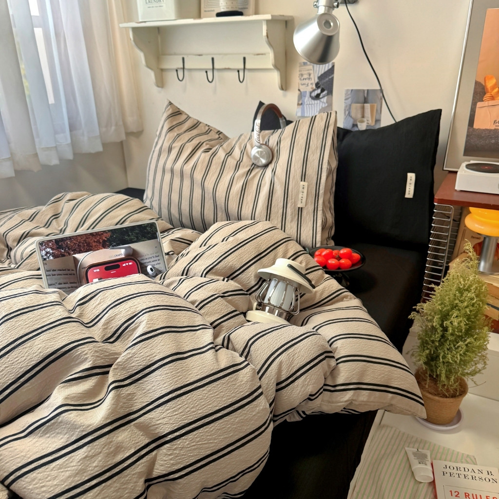 Màu be sọc đen Duvet Cover phong cách Mỹ sọc dọc Duvet Cover Microfiber Comforter Cover Tối giản Đơn