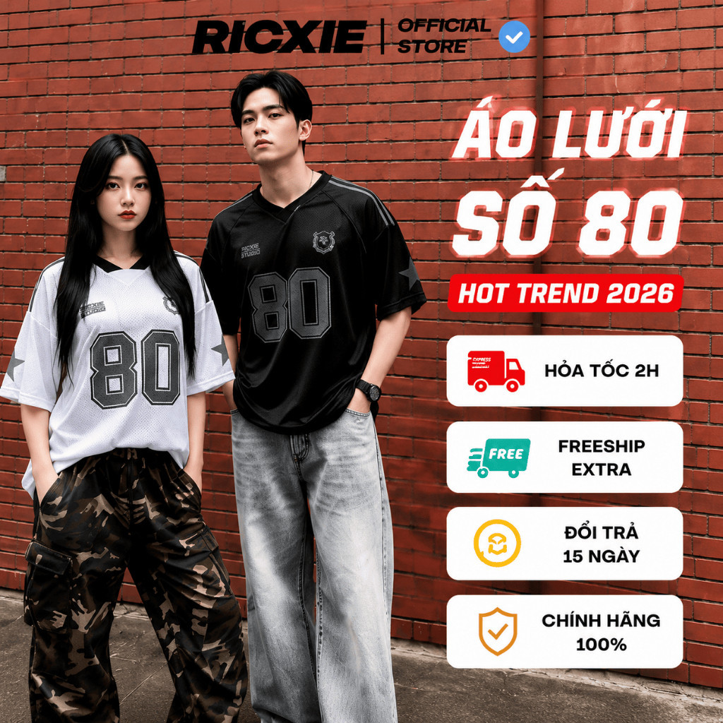 Áo thun lưới RICXIE No. 80 Mẫu Rộng Unisex Oversize Cặp Đôi Xu Hướng Nóng 2026