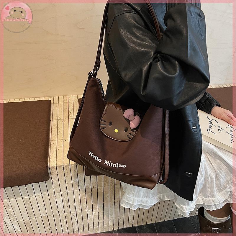 BWHTE Hello Kitty Túi Tote Thu Đông Mới Retro Da Lộn Hoạt Hình Mèo Dễ Thương Đa Năng Túi Nách Ba Lô 