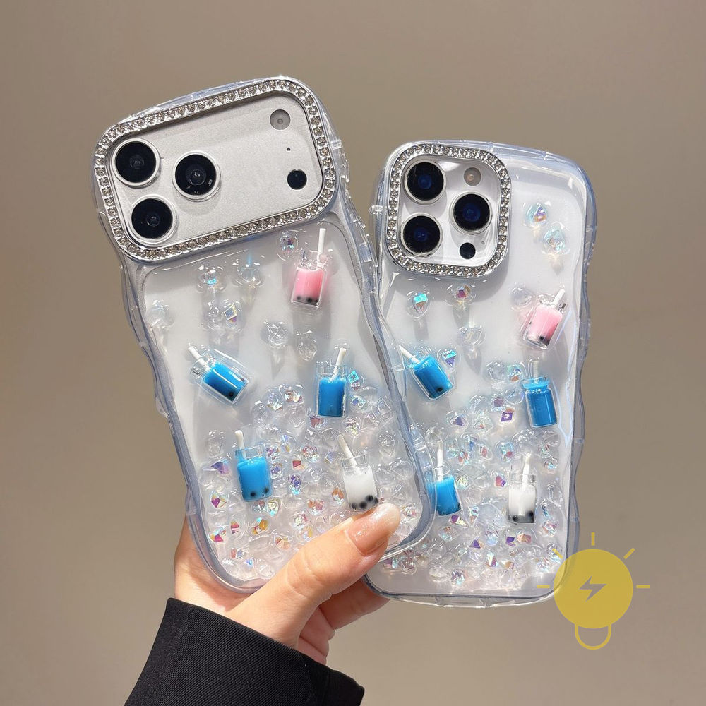 Phone Case For iPhone 17 Pro Max 16 15 14 13 TPU Pearl Milk Tea 3D Milk Tea Translucent Aesthetic Ko