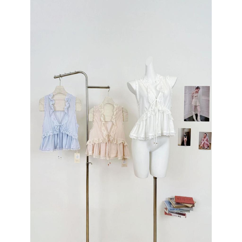 Oakmo Bộ sưu tập tư nhân Cánh hoa Công nghiệp nặng Ren Lyocell Linen Áo Vest nhẹ nhàng nhỏ có áo yếm