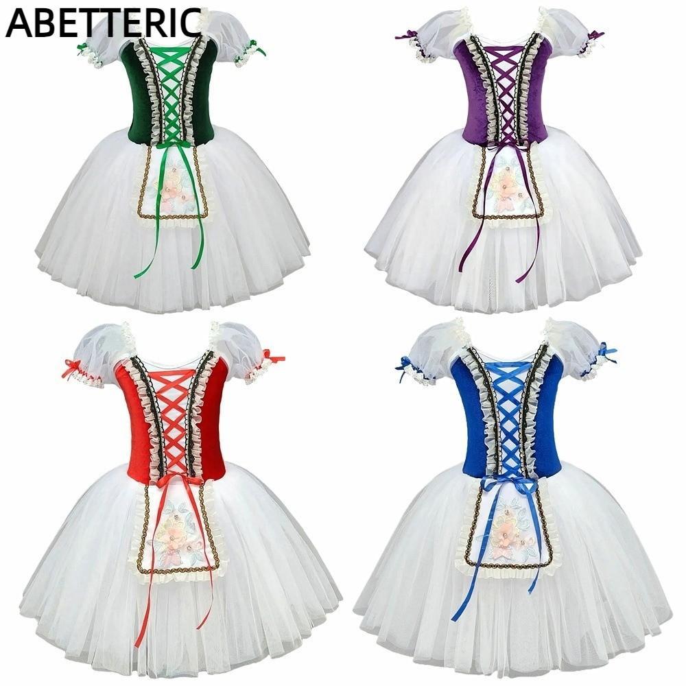 ABETTERIC Kids Giselle Ballet Tutu Dress, Cross Ribbon Velvet Ballet Dance Leotard, Tay phồng chuyên