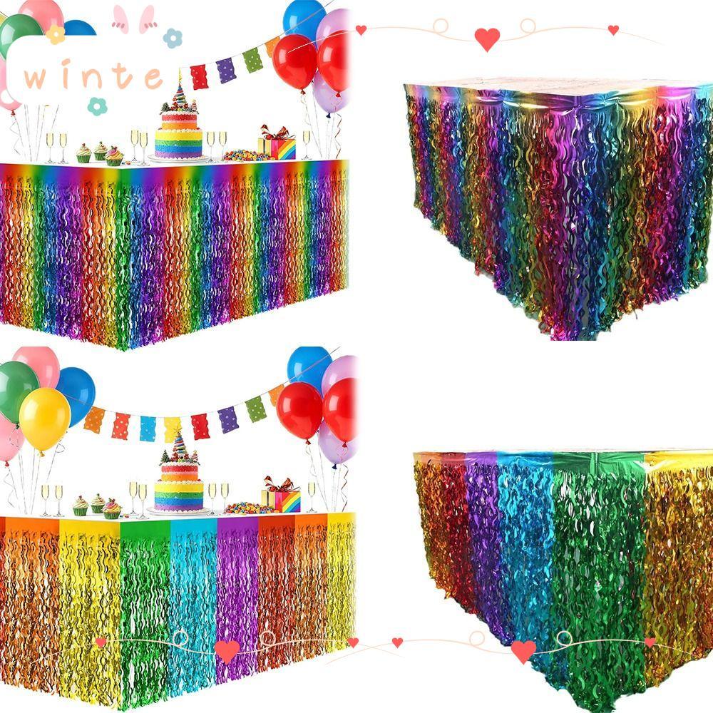 Váy bàn WINTE, Thiết kế gợn sóng Kim loại Tinsel Foil Fringe Váy bàn, Foil Fringe Rainbow Gradient d