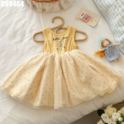 Váy Bé Gái Sát Nách Màu Vàng In Cô Gái Ballet Chân Váy Voan Chấm Bi Bồng Xinh MINTSCLOSET GV0464