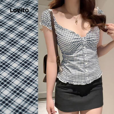 (New) Lovito Áo sơ mi dễ thương có viền xà lách  nút bấm  phù hợp mùa xuân hè  áo sơ mi đen trắng cho phụ nữ L144AD159