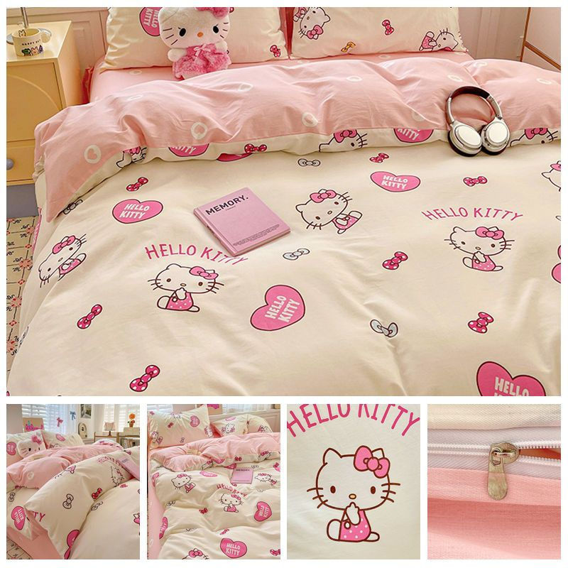 Bộ chăn ga gối 3 / 4IN1 Sanrio Kitty Kuromi Bộ ga trải giường Sanrio Cartoon Flat Sheet & Quilt Cove