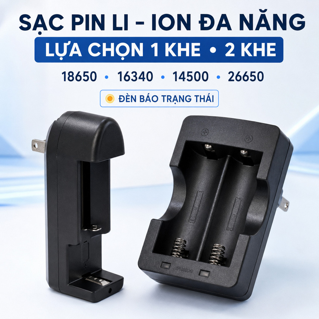 Sạc Pin Li-Ion 18650 16340 14500 26650 Sạc Đơn, Sạc Đôi Cho Đèn Pin Siêu Sáng, Quạt Mini 3 Tốc Độ...