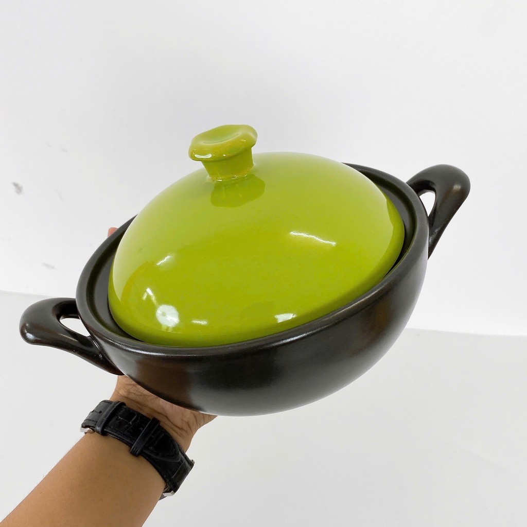 💖 POT-JS01 Nồi Gốm Hình Cầu Nắp Xanh Lá, dùng nấu súp, kho thịt, cá, nấu mỳ