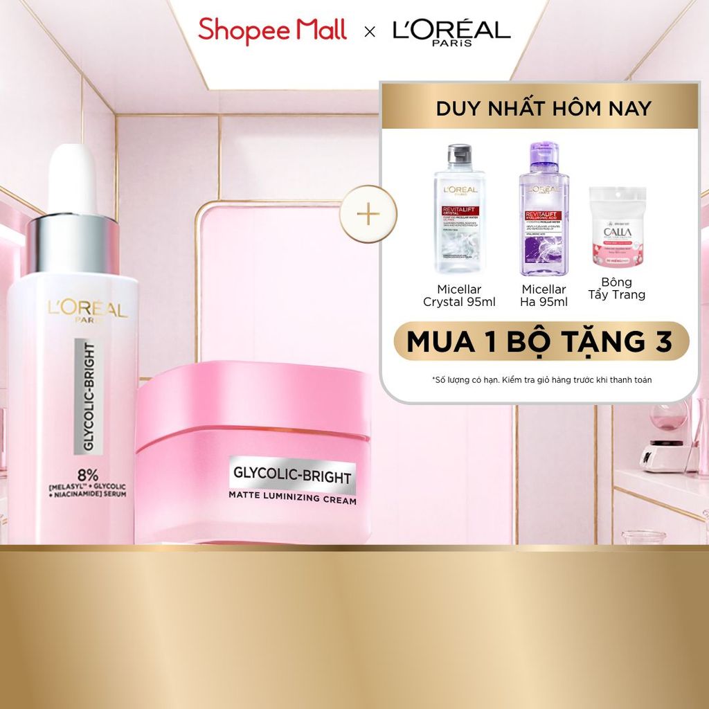 Bộ đôi serum & kem dưỡng sáng da đột phá Melasyl mờ thâm mụn, nám L'Oreal Paris Glycolic Bright 30ml, 50ml