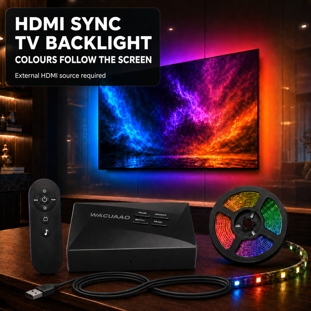 WACUAAO B3 HDMI 2.0 Hộp đồng bộ Đèn nền TV RGBIC có điều khiển từ xa, 4K 60Hz HDR10 Dolby Vision Mus