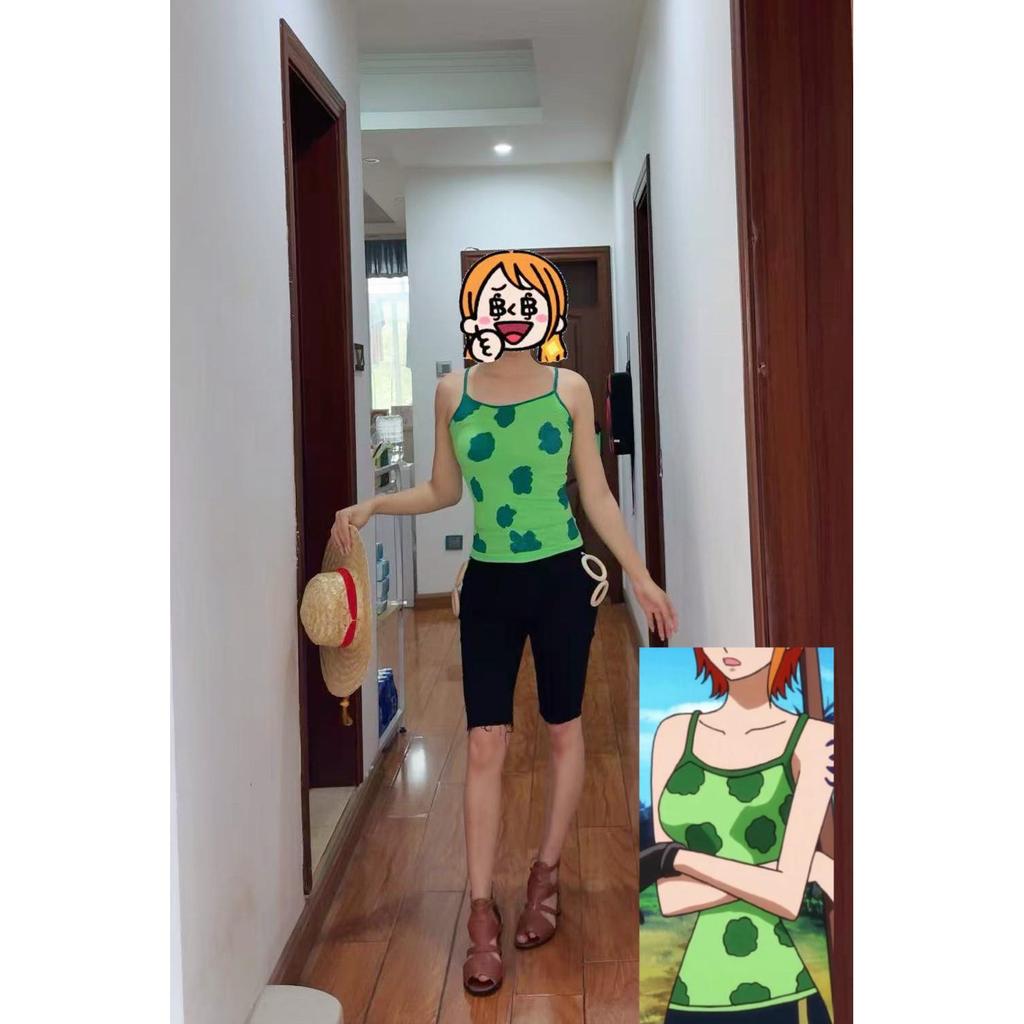 One Piece Nami / Nami Along Chapter cos Suit Green Sling Top Quần Short Đen Nhẫn