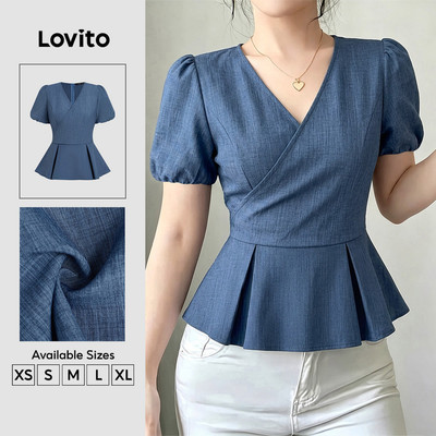 (New Arrival) Lovito Áo sơ mi thanh lịch xếp ly mùa xuân/hè màu đen cho nữ BLB203TD208