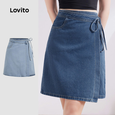 Chân váy Lovito xanh denim trơn buộc dây tôn dáng phong cách thường ngày mùa xuân hè cho nữ L132ED594