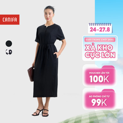 Váy liền nữ ngắn tay cổ tròn đính cúc dáng suông dài thiết kế dây rút eo tôn dáng CANIFA 6DS26S008