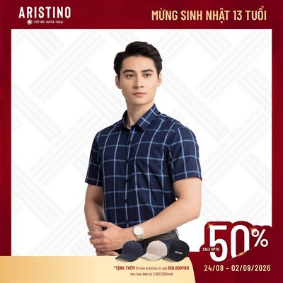 ARISTINO Áo Sơ Mi Nam Ngắn Tay Perfect Fit ASS050S3 Xanh Tím Than Kẻ Xanh Bamboo Mềm Mại Thoáng Mát Thấm Hút