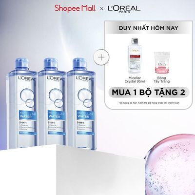 Bộ 3 nước tẩy trang đa năng 3-in-1 L'Oreal Paris Micellar tươi mát cho da dầu, hỗn hợp 400ml x 3