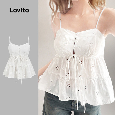 Áo nữ Lovito Kỳ nghỉ trắng ngà xuân hè buộc dây nút phong cách L165ED038