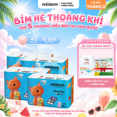 [TÃ DÁN] Combo 4 Bịch Tã/Bỉm Dán NABIZAM Ultrathin Nội Địa Hàn Mềm Mỏng Thấm Hút Tối Đa Size M Cho Bé 6-11Kg 40 Miếng