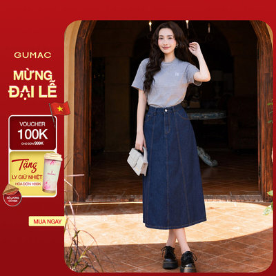 Chân váy jeans GUMAC - Gmorning denim form A midi cách điệu thân trước có túi hàm ếch YVJG04010
