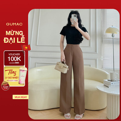 Quần tây nữ GUMAC ống suông đen nâu lưng phối dây khoen tôn dáng  QF08024