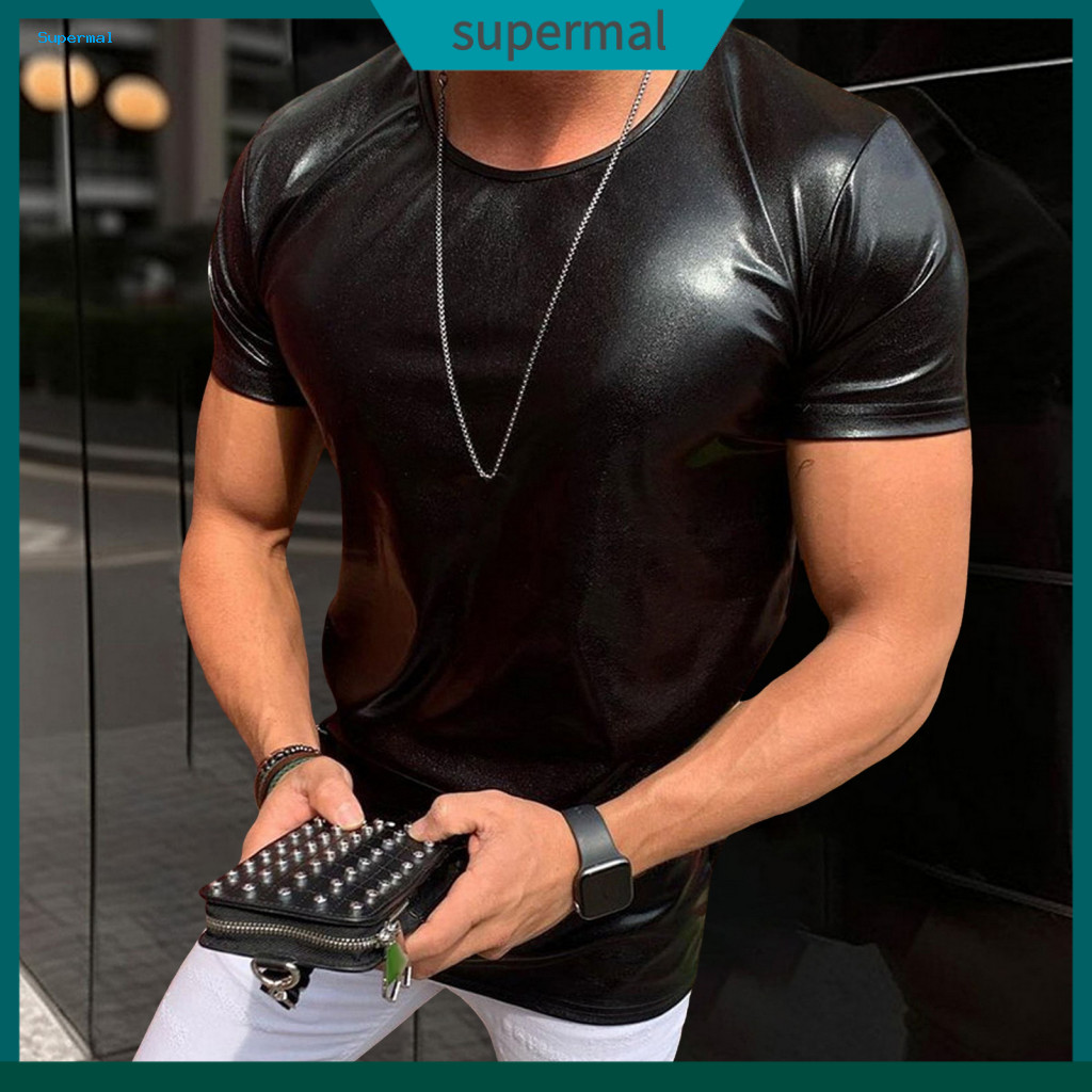 Áo nam Slim Fit Áo thun cơ bắp mùa hè Áo nam mùa hè Slim Fit Glossy Bronzing Áo thun cổ tròn tay ngắ