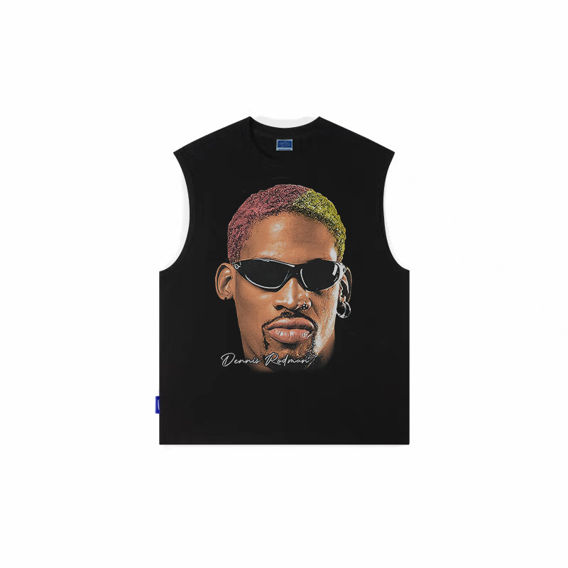 Trẻ Súng Rodman Dennis Rodman Retro Nặng In Hình Chân Dung Áo Thun Không Tay Khe Áo Khoác