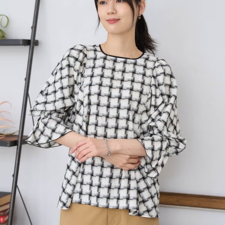 Nhật Bản Đơn G0LDEN BEAR 26 Mùa Xuân Nữ Bát Trumpet Tay Áo Sơ Mi Kiểm Tra Ngoại Thương Nguyên Bản Đơ