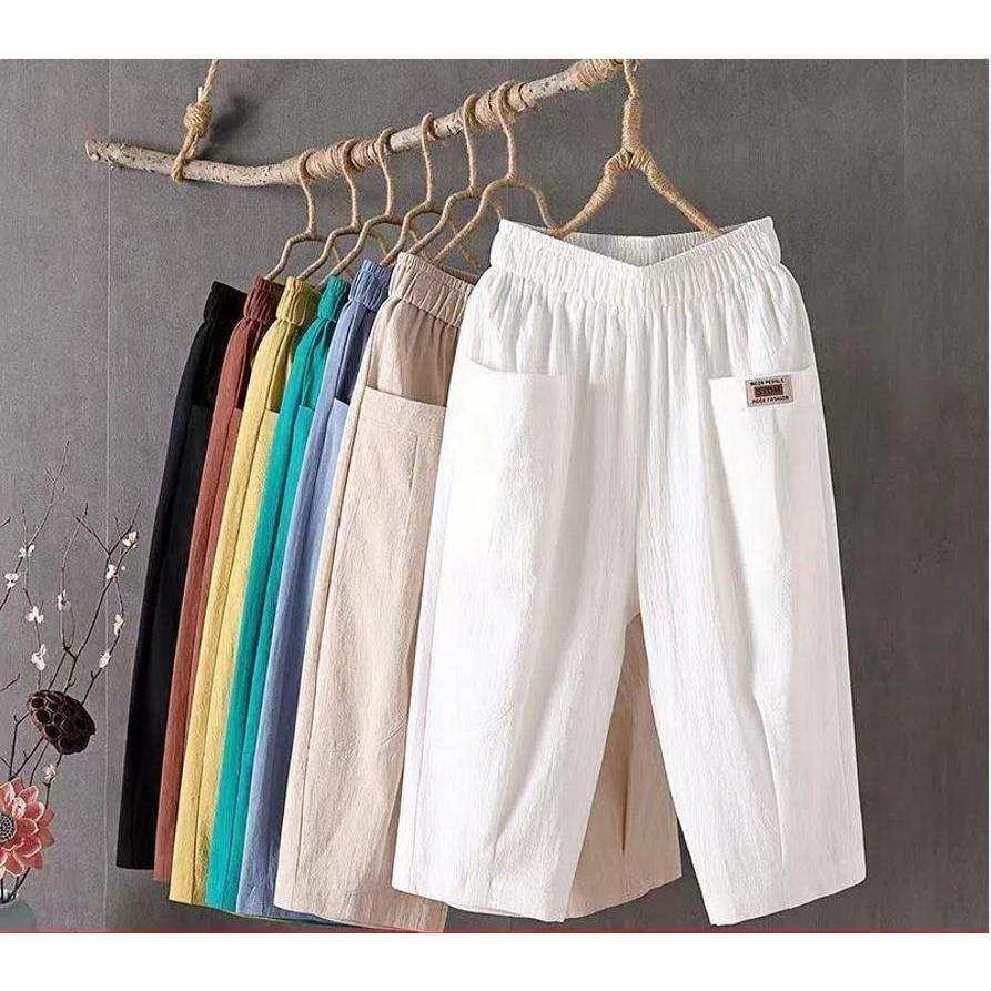 Quần crop Linen Cotton Nữ Rời Size Lớn Vải Lanh Co Giãn Eo Skinny Harem Quần _ Cab Store