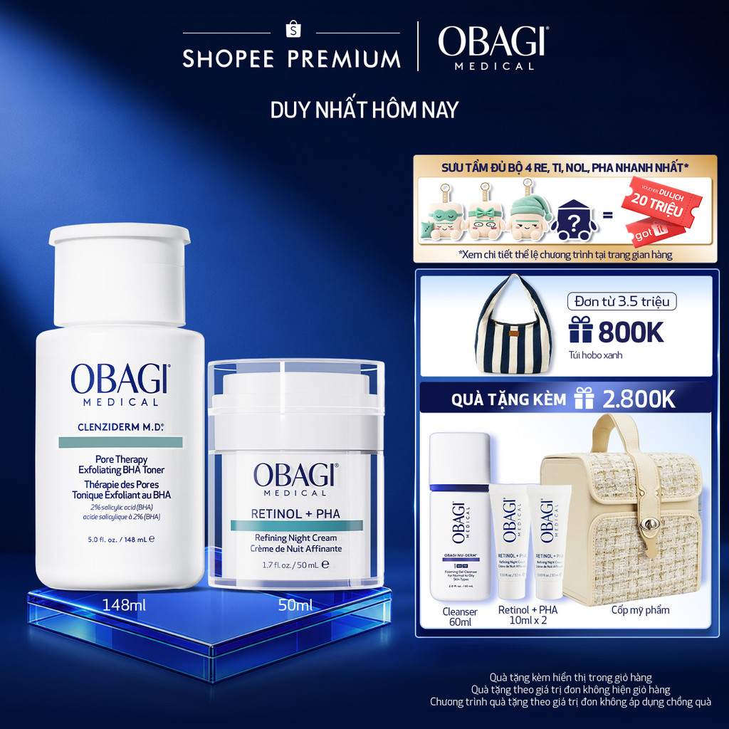 [Voucher SVIP 18%] Bộ đôi Kem Dưỡng Đêm Obagi Retinol + PHA 50ml và Toner Obagi Clenziderm M.D. Exfo