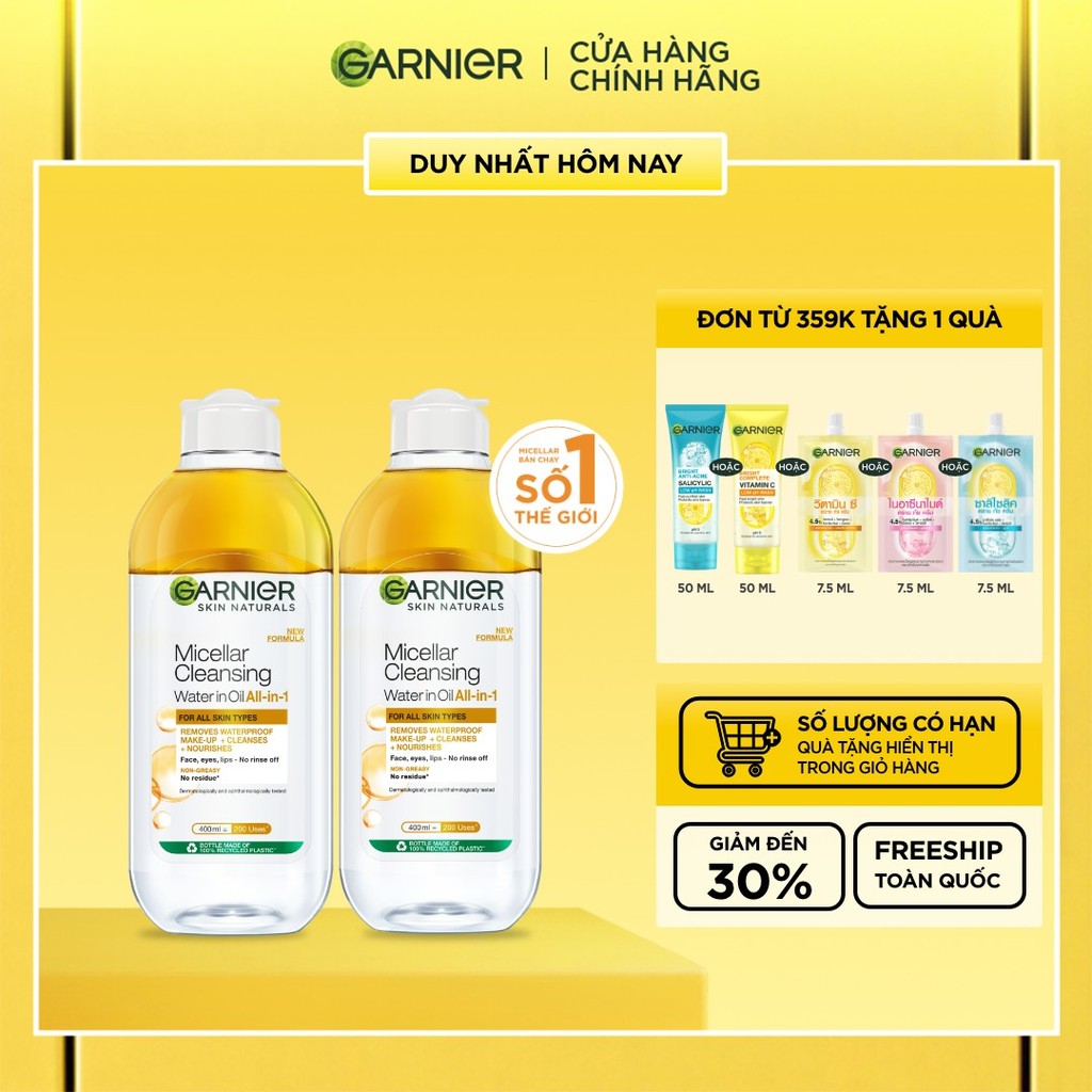 Bộ 2 nước làm sạch và tẩy trang cho da khô & trang điểm Garnier Micellar Water 400ml x 2