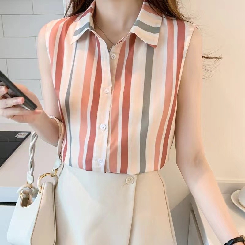 Áo mùa hè 84 Áo polo sọc cổ ngắn tay áo polyester2