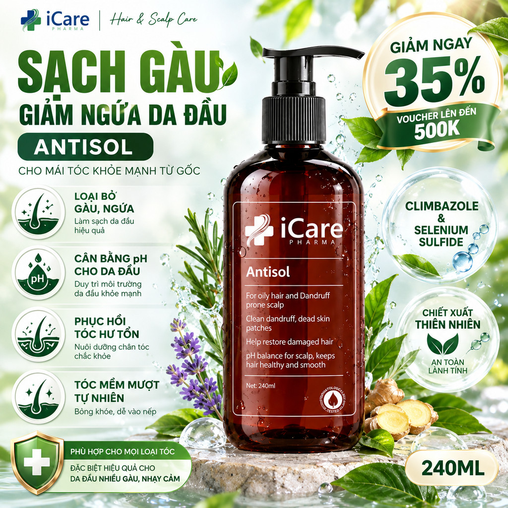 Dầu Gội Sạch Gàu Antisol | Thương Hiệu iCare Pharma tinh dưỡng tóc cỏ mềm chính hãng duong nang biop