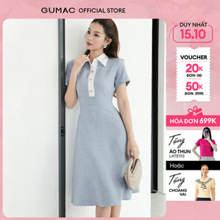 [NEW] Đầm nữ cổ sơ mi form A tay ngắn phía trước phối vải trắng thời trang GUMAC DF09001
