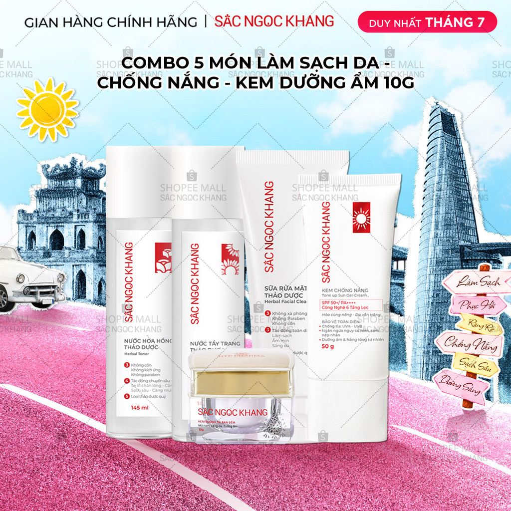 Combo dưỡng da Sắc Ngọc Khang 5 món [Kem đêm 10g+ Sữa rửa mặt 100g+ Nước hoa hồng 145+ Tẩy trang + Kem chống nắng 50g]