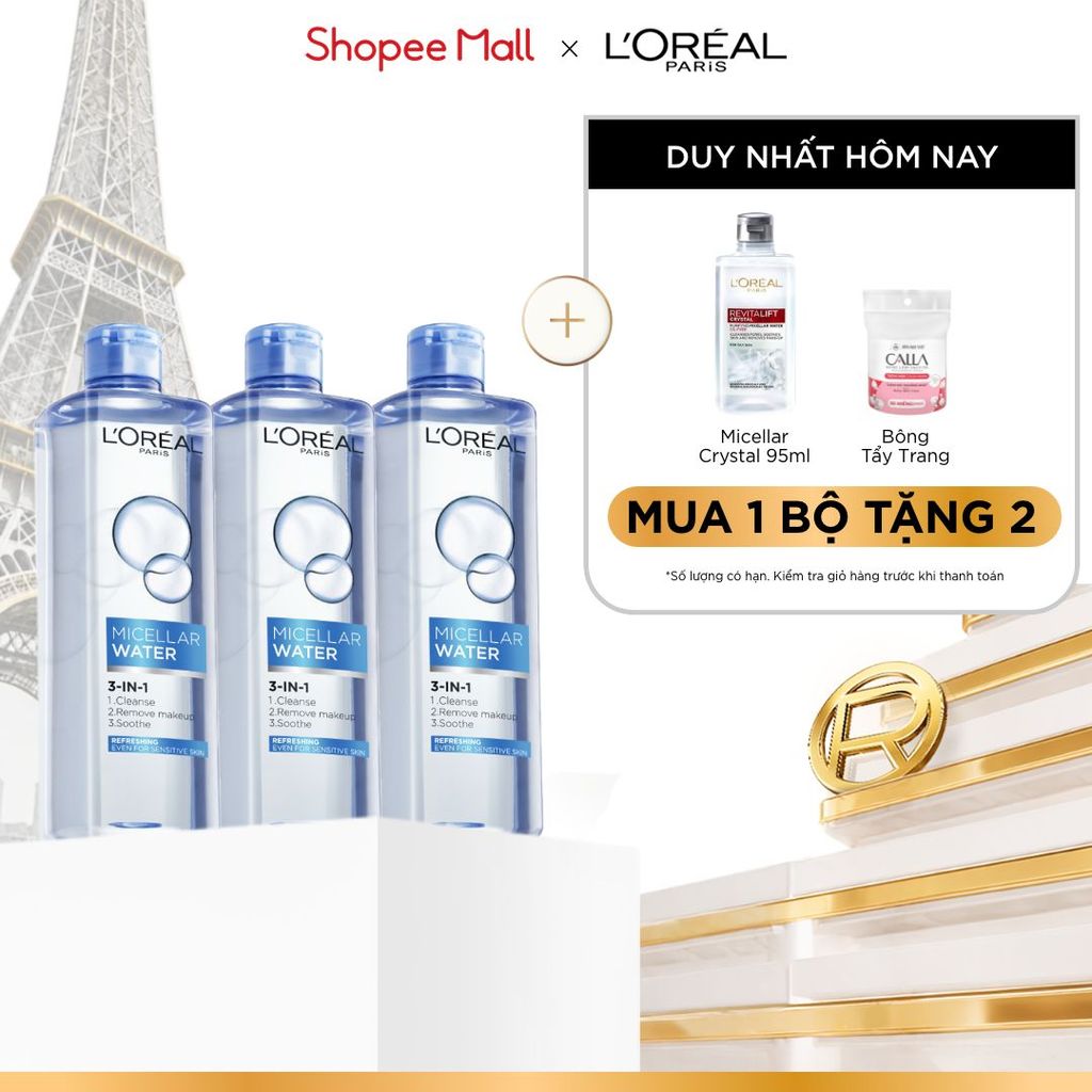 Bộ 3 nước tẩy trang đa năng 3-in-1 L'Oreal Paris Micellar tươi mát cho da dầu, hỗn hợp 400ml x 3
