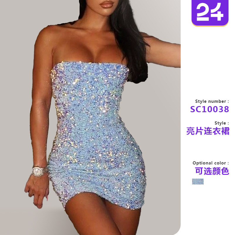 INS Sky Blue Sequined Tube Top Tube Top Split Cocktail Party Dress Đầm dự tiệc Váy ngắn