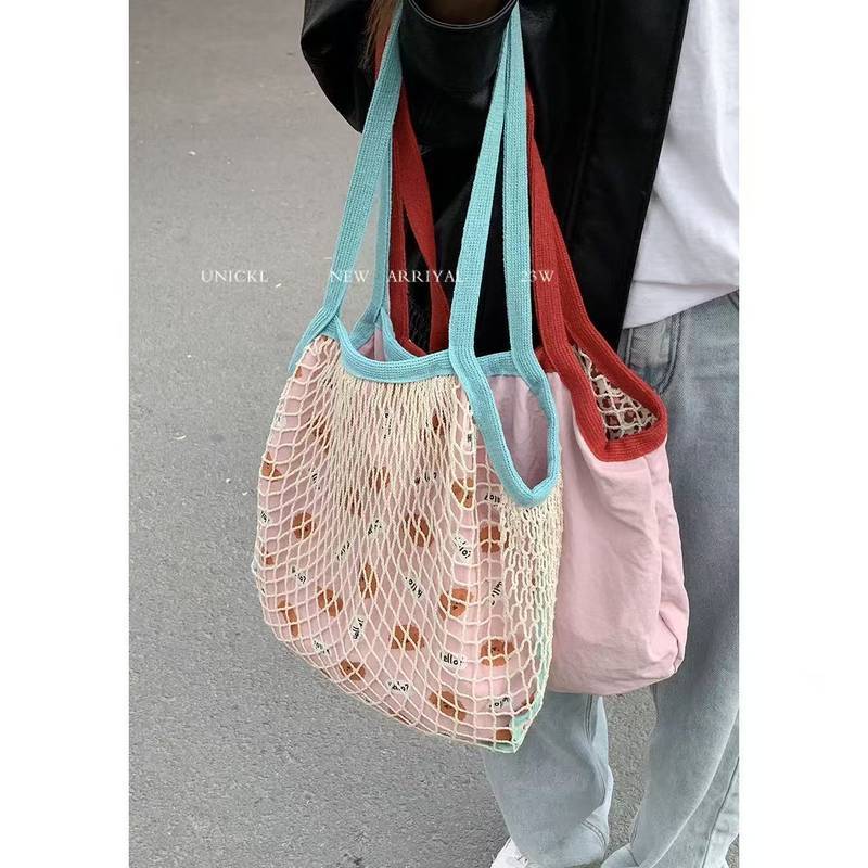 Korean Ins Hollow Net Bag Bag Women's Bag New Fashion Leopard Print Canvas Bag Holiday Woven Bag O32