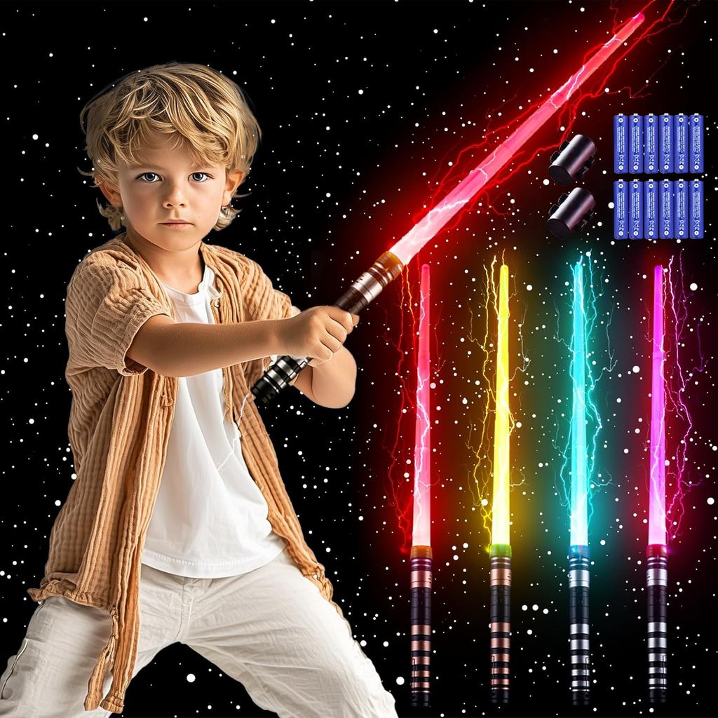 SANCO Light Up Sabres cho trẻ em - 4 gói 7 màu Thanh kiếm điện có thể thu vào có âm thanh FX (Nhạy c
