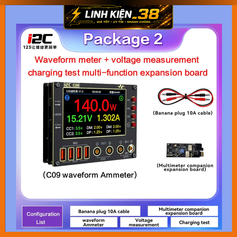 I2C C09 máy đo ampe kế sóng 0-40V, kiểm tra điện áp dòng điện kênh đôi đa chức năng, kết nối PC. lin