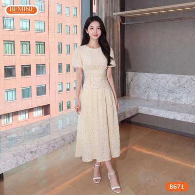 Đầm thiết kế BEMINE cổ tròn nhún eo dáng chữ A phù hợp đi chơi-B671