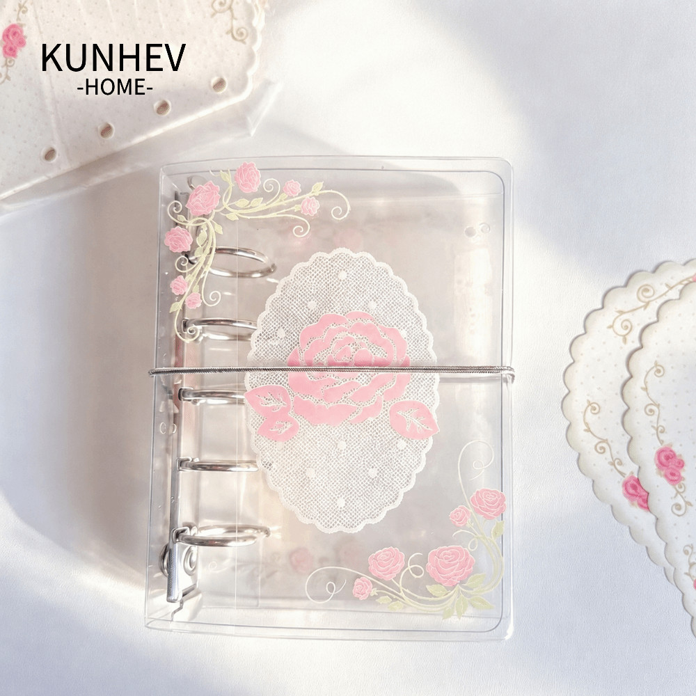 KUNHEV Binder Journal, Sổ tay bỏ túi 5 lỗ PVC M5, INS Lãng mạn Vine Rose Print với dây thun M5 Pocke