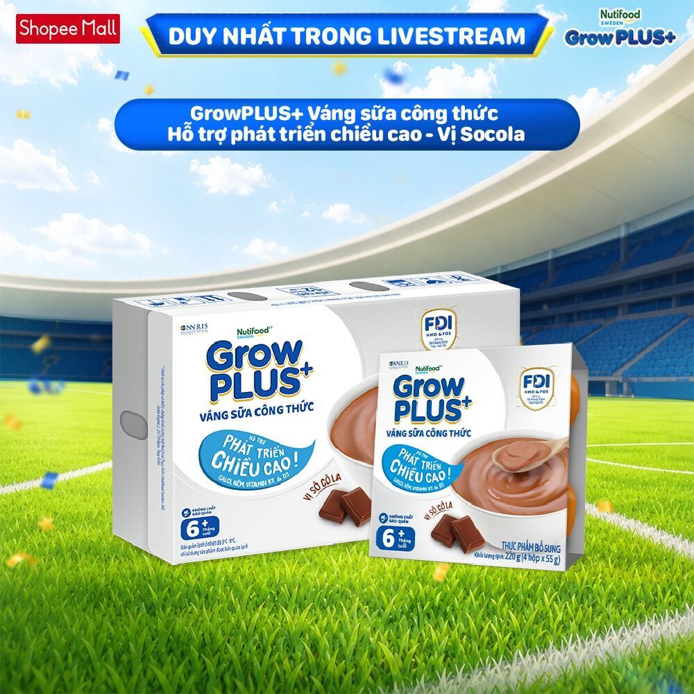 [Livestream KOL] Thùng 12 lốc GrowPLUS+ Váng sữa công thức Cao lớn vượt trội Socola (55gx48 hộp)