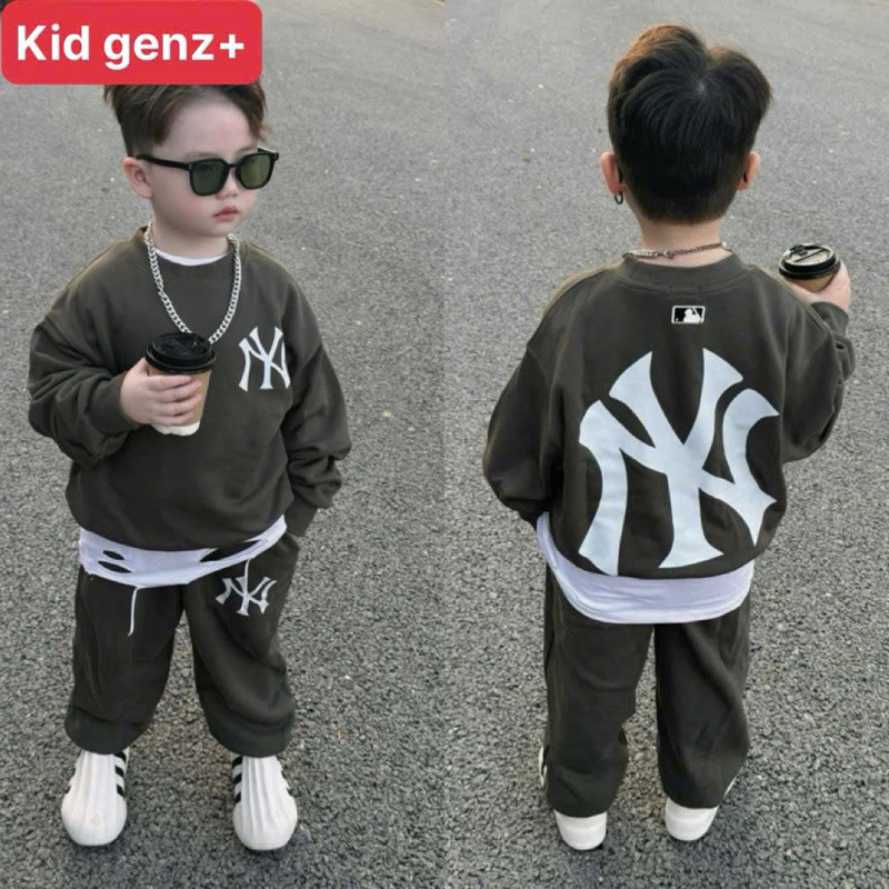 Bộ áo nỉ cổ tròn NY whilte basic cho bé , set áo sweater quần dài nỉ bé trai , bé gái , kid genz