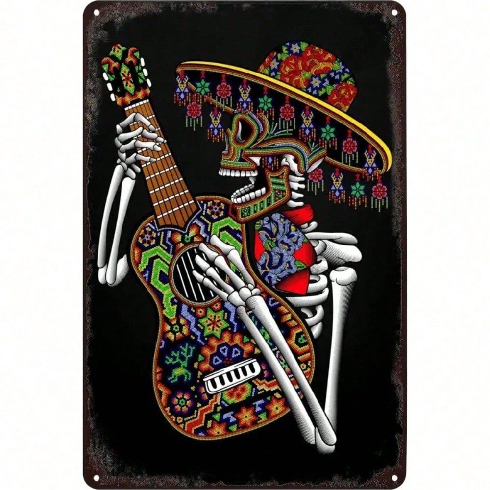 CIFbuy Vintage Day Dead Mexico Skeleton Guitar Player Kim Loại Tín Hiệu Home Bar Trang Trí Tường