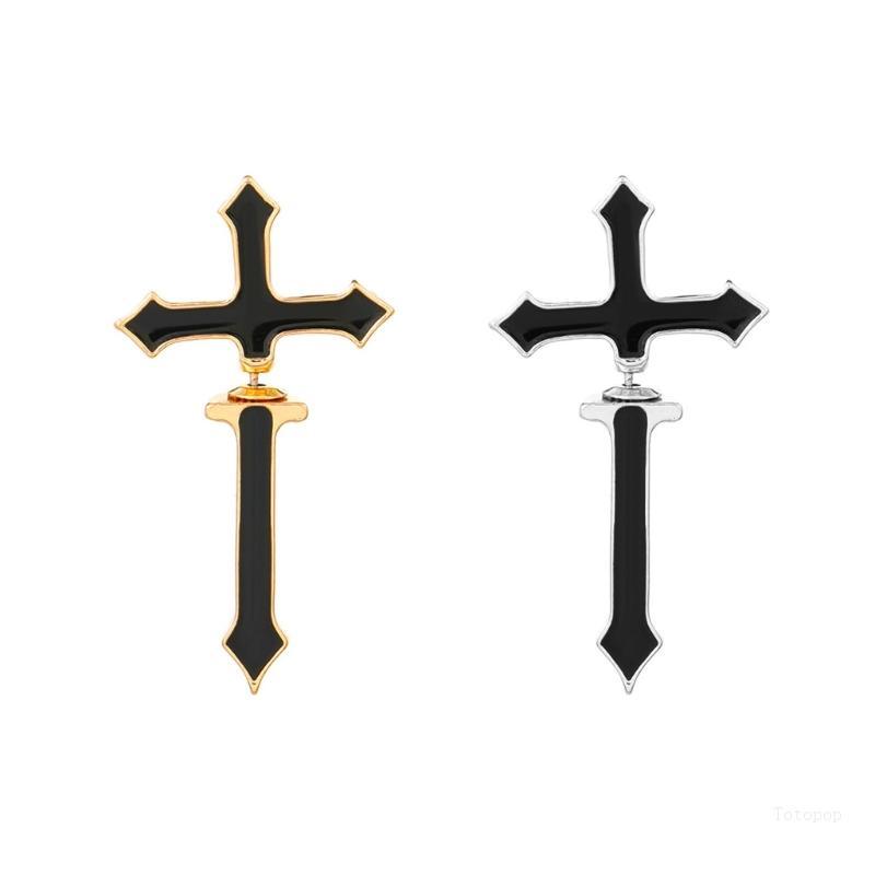 Top Emamel Cross Ear Jacket Dagger Bông Tai Dagger Bông Tai Mặt Trước Mặt Sau Bông Tai